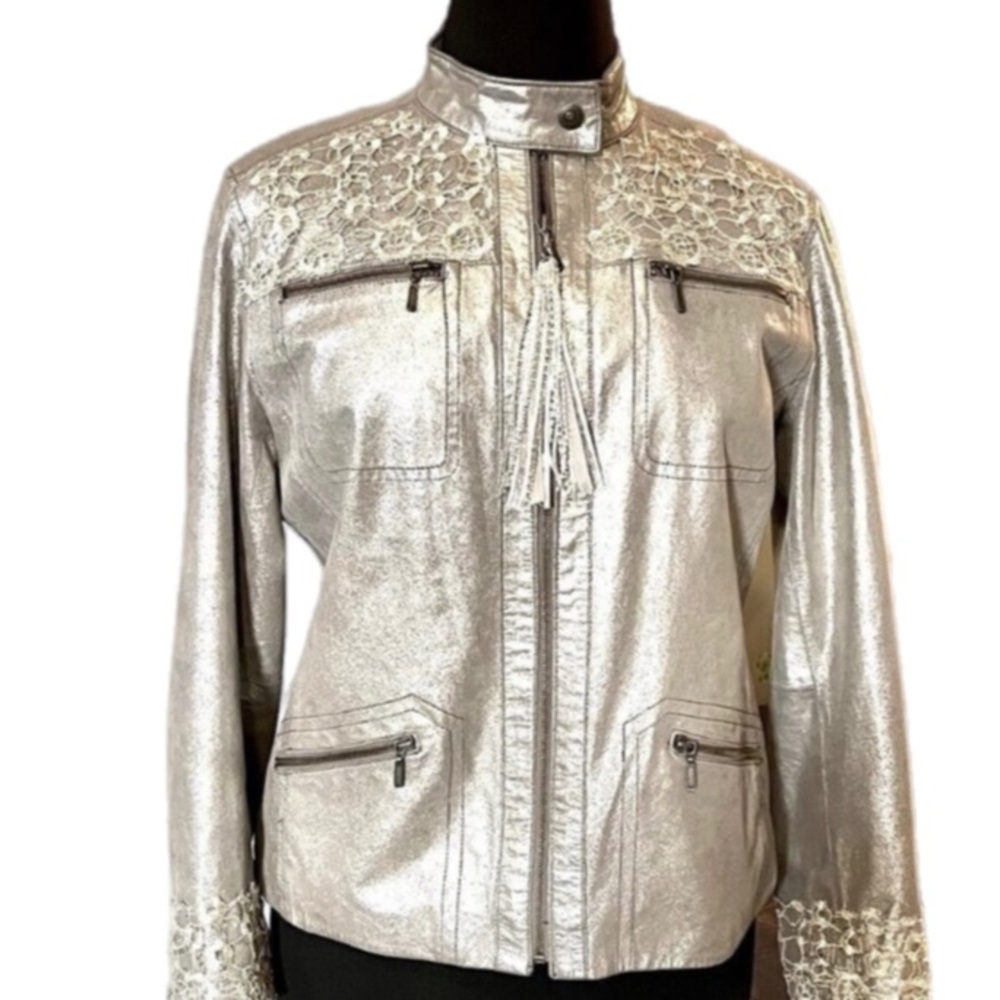 ONE-OF-A-KIND Artisan Restyled Wearable Art Silver Leather & Lace Jacket SIZE XL